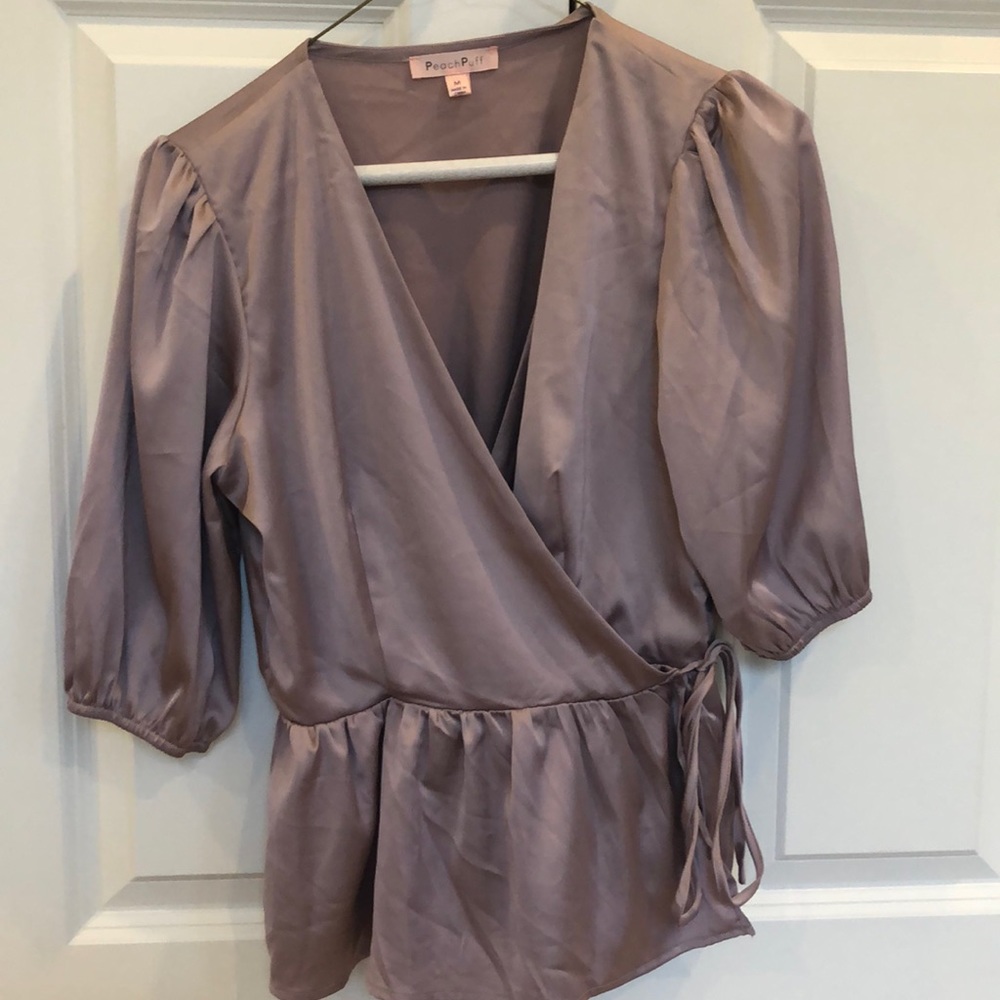 Purple satin wrap top
